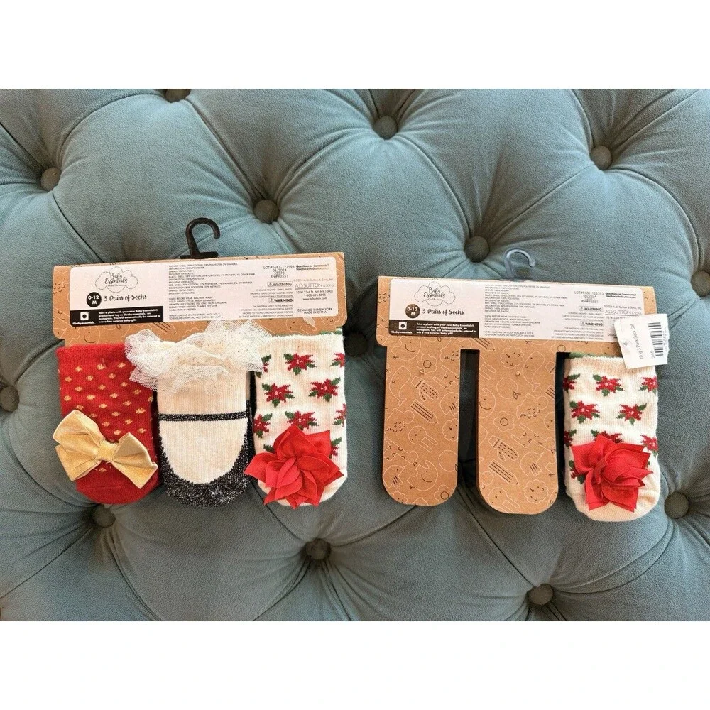Baby Essentials 4 Pair Socks Assorted Colors 0-12 Months Girls Holiday Christmas